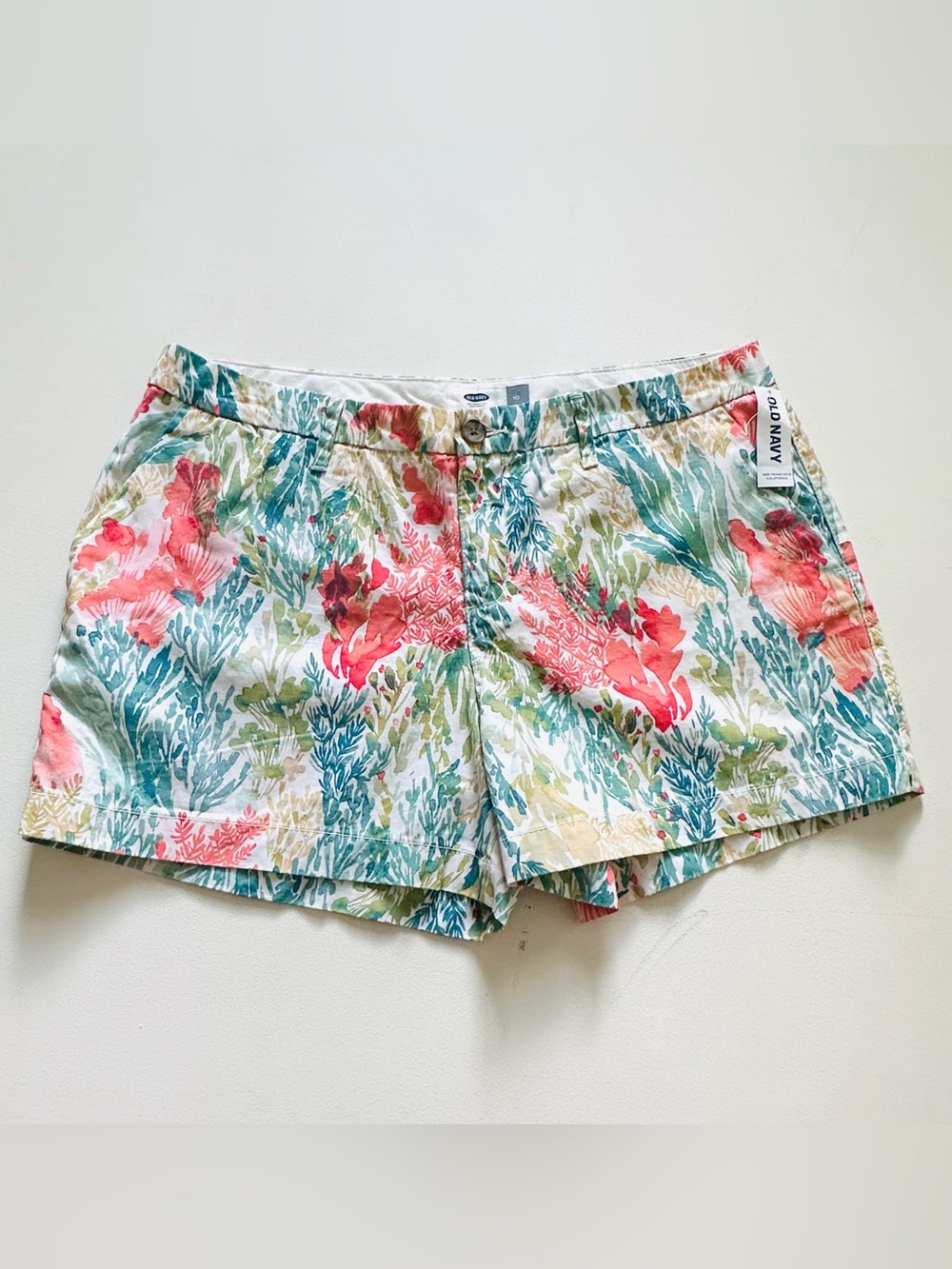 Old Navy Coral Teal Floral Reef Hawaiian Print Casual Chino Shorts Size 10 NEW